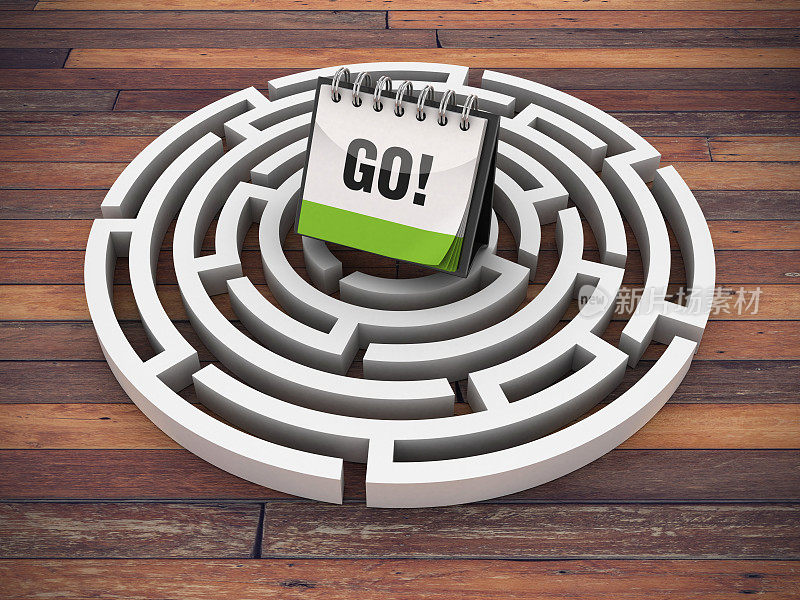 圆形迷宫与GO!日历在木地板- 3D渲染